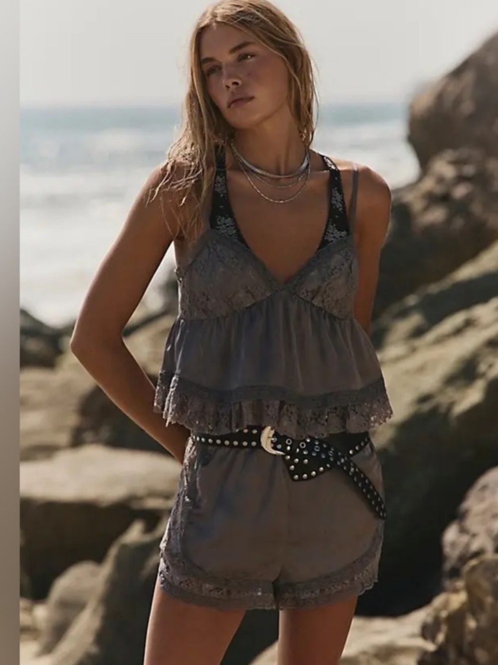 Free People Lace Trim Ruffled Cami & Shorts Set in Slate Gray